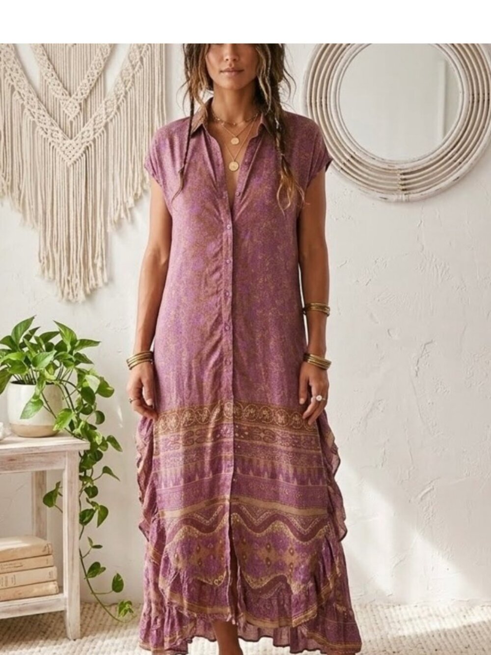 NWT Last Queen Pink Floral Paisley Boho Chic Ruffle Shirt Maxi Dress